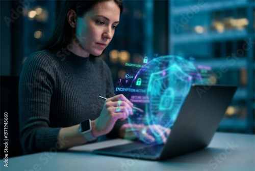 Professional woman working on laptop at night with glowing cybersecurity shield and data encryption interface.