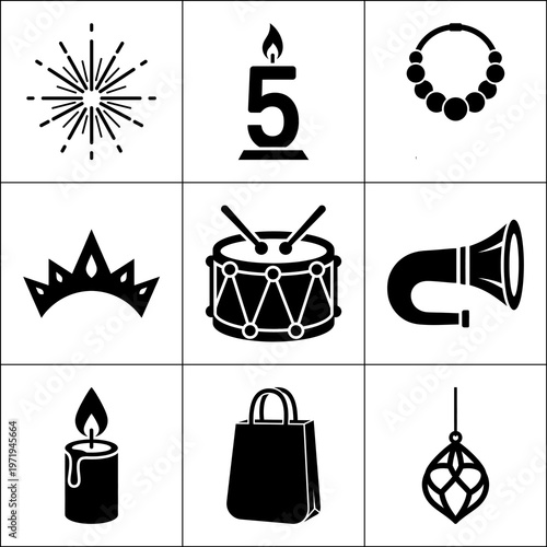 Black celebration icon grid on white background featuring starburst, number 5 candle, beaded bracelet, crown, drum with drumsticks, party horn, lit candle, shopping bag, and pendant