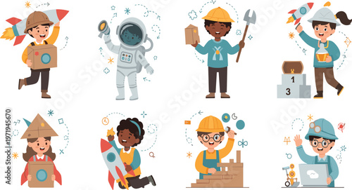 Kids Career Dream Vector Set with Children as Astronaut, Builder, Farmer, Engineer and Explorer Characters for Education, Imagination and Future Profession Design.