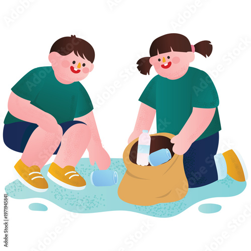 Save Earth Illustration. Vector illustration of children collecting trash together supporting environmental care. Isolated on background