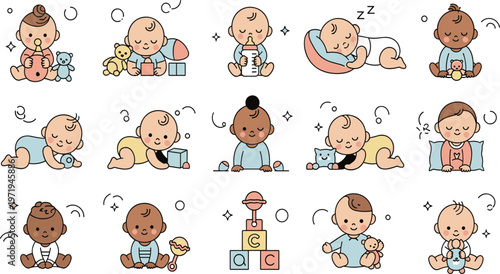 Cute Baby Activity Vector Set with Infants Sleeping, Crawling, Playing Toys, Drinking Milk and Sitting for Nursery, Childhood and Kids Illustration Design.