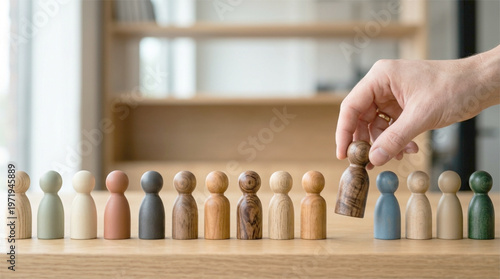 Hand choosing a unique dark wooden peg doll from a row of colorful figures for recruitment leadership and diversity concept.