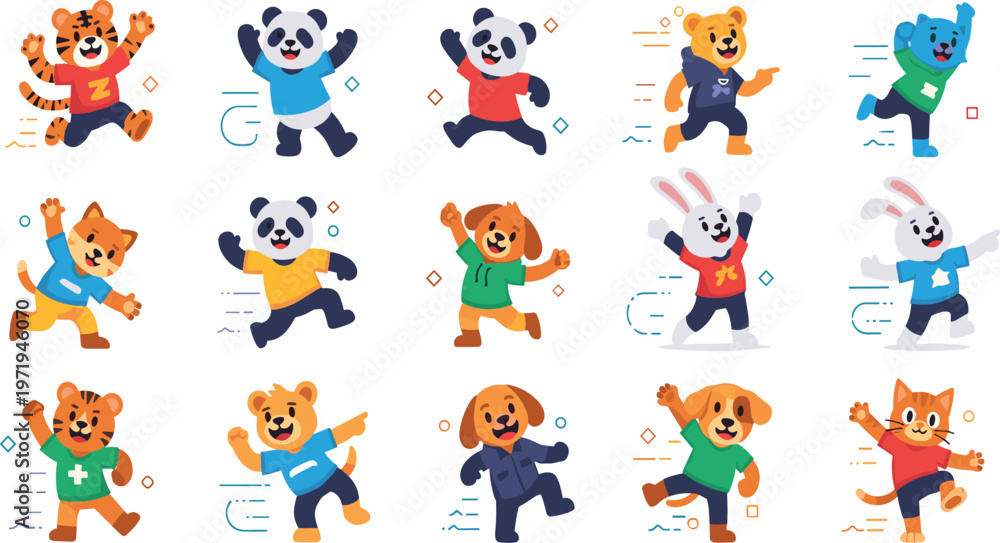 Obraz premium Cute Animal Sports Vector Set with Tiger, Panda, Dog, Rabbit and Cat Characters Running, Jumping and Exercising for Fun Fitness Cartoon Illustration Design.