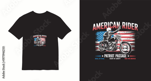 American rider skull on motorcycle with usa flag t-shirt design concept