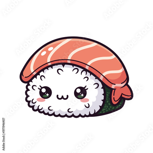 Cute sushi character with salmon topping and smiling face  