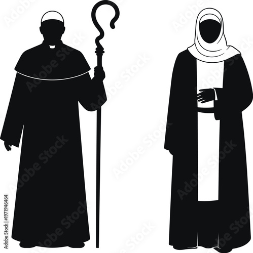 Religious silhouettes, clergy figures, bishop icon, nun illustration, ceremonial attire, faith symbols, vector design, black silhouettes, devotion, spiritual elements