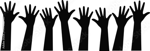 Raised hand silhouette icons, volunteer participation vector, black hand shapes, unity design motif, activism illustration, community support stock art collection