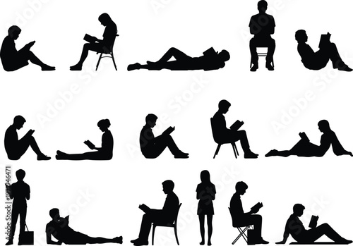Reading people silhouette collection, sitting standing lying poses, book lovers vector icons, lifestyle illustration, education outline design set