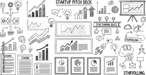 Startup Pitch Deck Illustration Set with Business Charts, Growth Graphs, Funding Slides, Rocket Launch Concept and Presentation Elements for Entrepreneurship