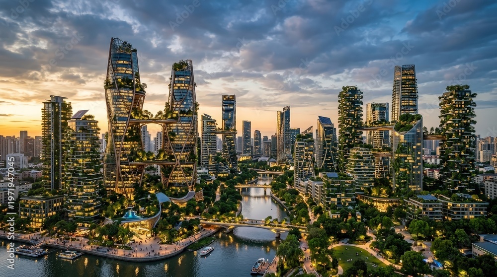 Obraz premium Futuristic sustainable cityscape featuring eco friendly skyscrapers with lush vertical gardens along a scenic urban riverfront