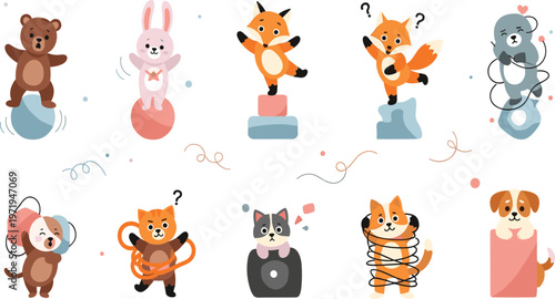 Cute Animal Circus Vector Set with Bear, Fox, Dog, Cat and Rabbit Characters Performing Tricks, Balancing and Playing for Fun Cartoon Illustration Design.