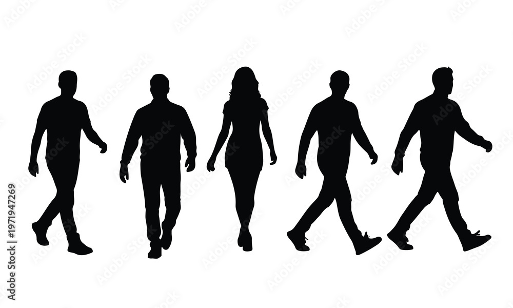Obraz premium Five black silhouette figures of men and women walking and standing, presented as a group on a clean white background.