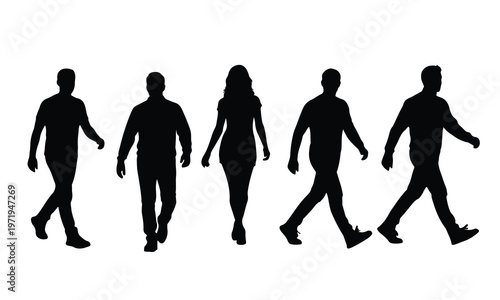 Five black silhouette figures of men and women walking and standing, presented as a group on a clean white background.