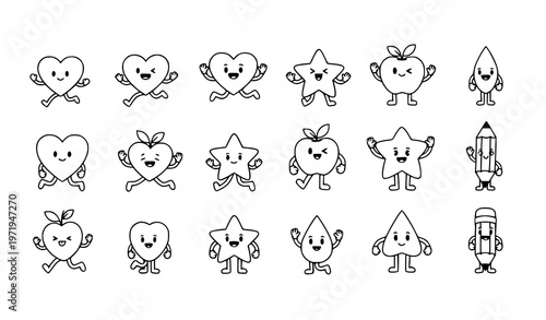 A set of cute cartoon icons featuring hearts, stars, and fruits in a playful line art style