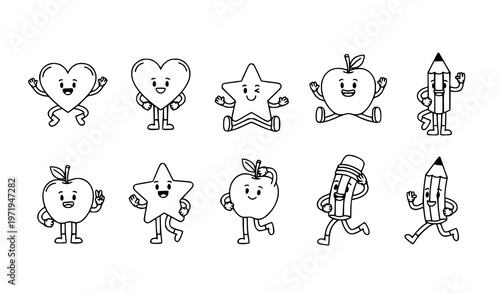 A set of cute cartoon characters running and exercising with smiles