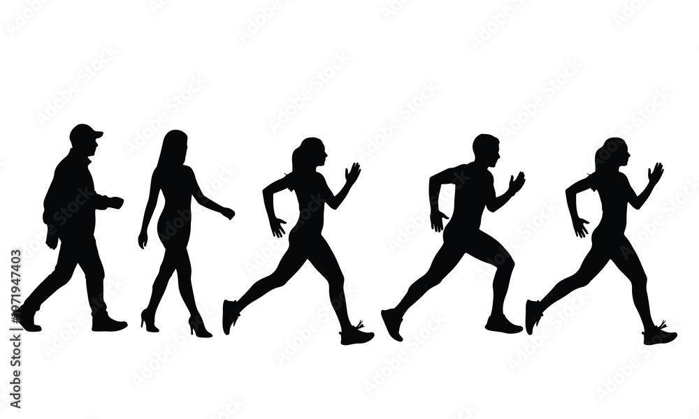 Fototapeta premium Diverse group of silhouettes, including walkers and runners, showcasing a blend of activities, fitness, and forward momentum.