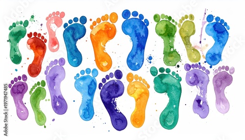 Colorful watercolor footprints scattered on a white background