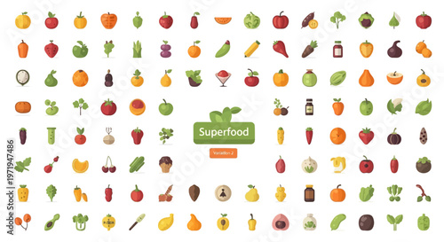Vibrant Superfood Icons: Healthy Eating, Organic Food, and Fresh Produce Collection