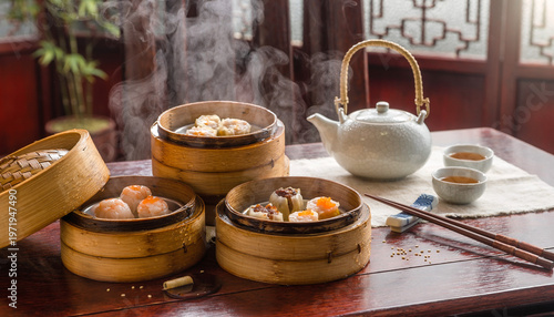 Steaming dim sum and tea in a chinese setting. Perfect for food blogs, restaurant menus, and travel websites, this photo captures the essence of traditional chinese dining with dim sum and tea.