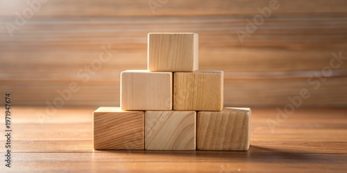 A pyramid of light-toned wooden blocks arranged on a polished wood surface, bathed in warm, natural light