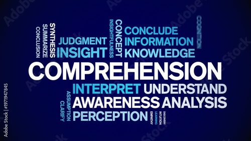 Comprehension animated word cloud-text design animation tag kinetic typography seamless loop.