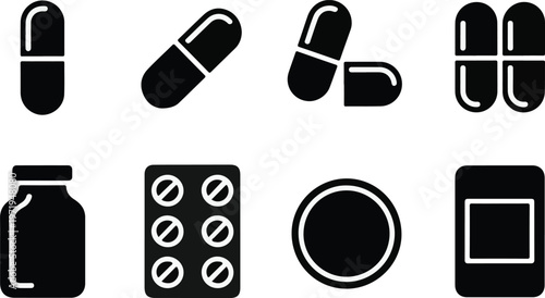 Pharmacy and healthcare icon set containing pills bottles and strips.