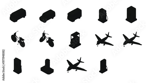 Various transportation and fuel icons are silhouetted against a white background for versatile design use.