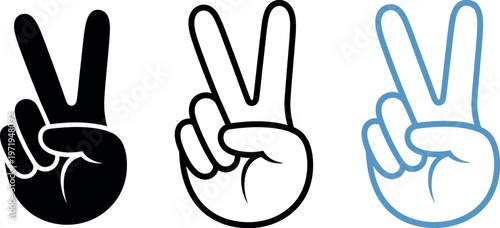 Peace hand icons V gesture black blue vector set freedom success victory positive expression clean modern illustration