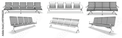 Set of public waiting area bench seats isolated on white background. Modern connected plastic chairs with metal frame commonly found in airports, hospitals, stations, terminals