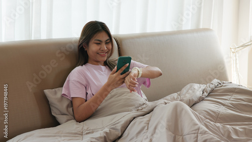 AI smart IOT watch wrist wear collect ECG heart rate data sleep track record health care device digital internet of things app. Asia people woman urban tech life home future living wake get up morning