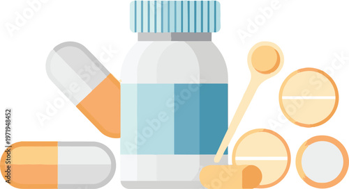 Medical pills and pharmacy bottle for healthcare treatment services.