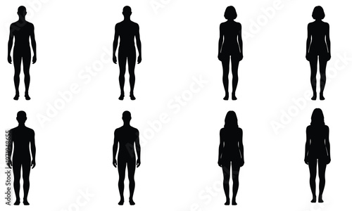 Collection of diverse human body silhouettes, including male and female figures in various poses, isolated on white.
