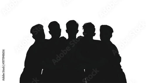 A close-up silhouette of five people standing together with arms around each other's shoulders.