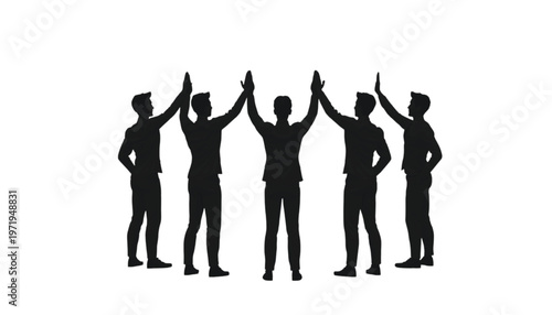 Five male silhouettes stand in a circle with arms raised, hands touching in a symbol of unity and success.