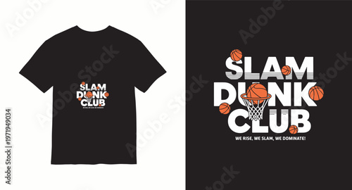 Basketball theme typography with hoops and balls for black t-shirt apparel design