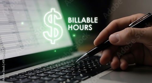 Billable Hours Concept with Dollar Sign and Hand Writing on Laptop.