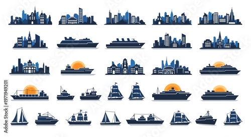 Modern City Skylines and Nautical Vessels Collection