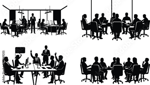 A set of four black silhouettes featuring professional business people working in an office, attending meetings, and collaborating at desks for corporate designs.