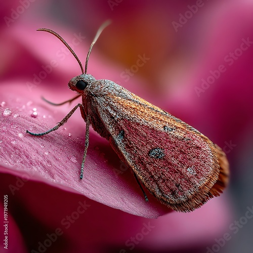 Macro Moth Resting on Pink Petal with Dew Drops