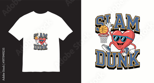 Slam Dunk basketball t-shirt design, cartoon heart character wearing sunglasses dunking ball into net