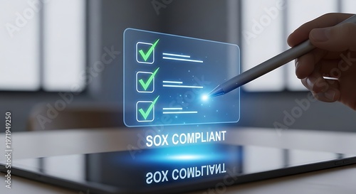 SOX Compliant Checklist on Futuristic Digital Interface with Stylus.