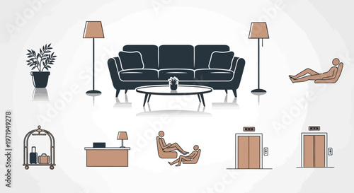 Modern Hotel Lobby and Lounge Icons: Sofa, Desk, Elevator, Luggage Cart