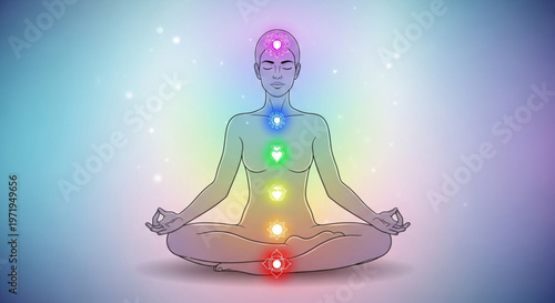 Woman meditating in lotus position with colorful chakras glowing on her body for spiritual wellness and yoga practice