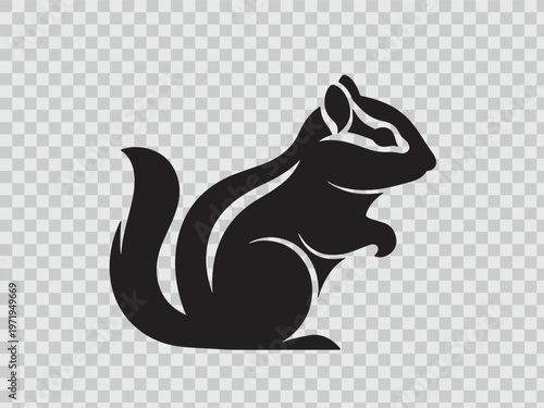 Black silhouette of a chipmunk sitting on gray checkered background, vector illustration.