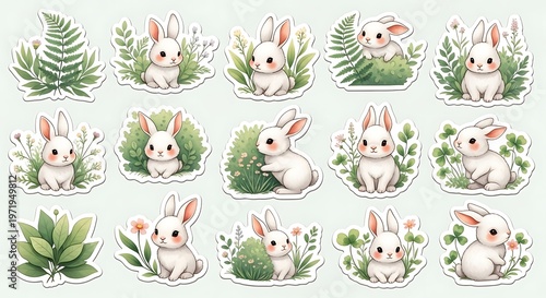 Cute cartoon rabbits with greenery stickers for easter and spring designs
