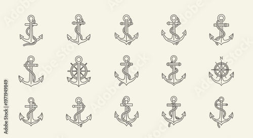 Nautical Anchor Icons Set: Vintage Marine Symbols for Design