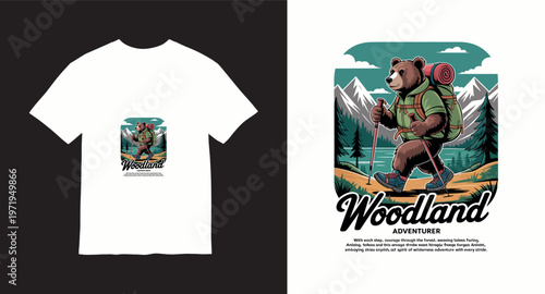 Woodland adventurer bear hiking in mountains forest tshirt design