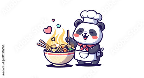 A cheerful panda chef cooks noodles with love.