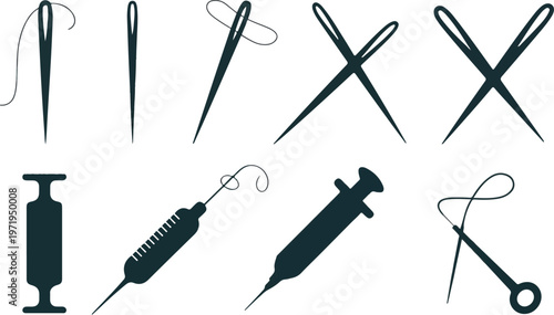 Sewing needles and threads, plus medical syringes for care.