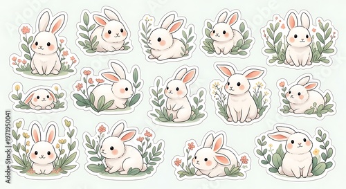 Cute white bunny rabbits with green leaves and flowers sticker illustrations